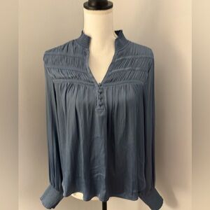 Beautiful BOHO Satin blouse, blue/gray color long sleeve. Size L